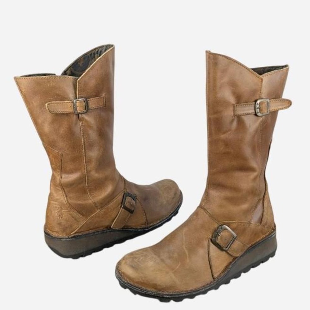 Fly London Mes 210315 Camel Leather Mid Calf Buckle Boot EU 41 / US 10-10.5 - Picture 3 of 8